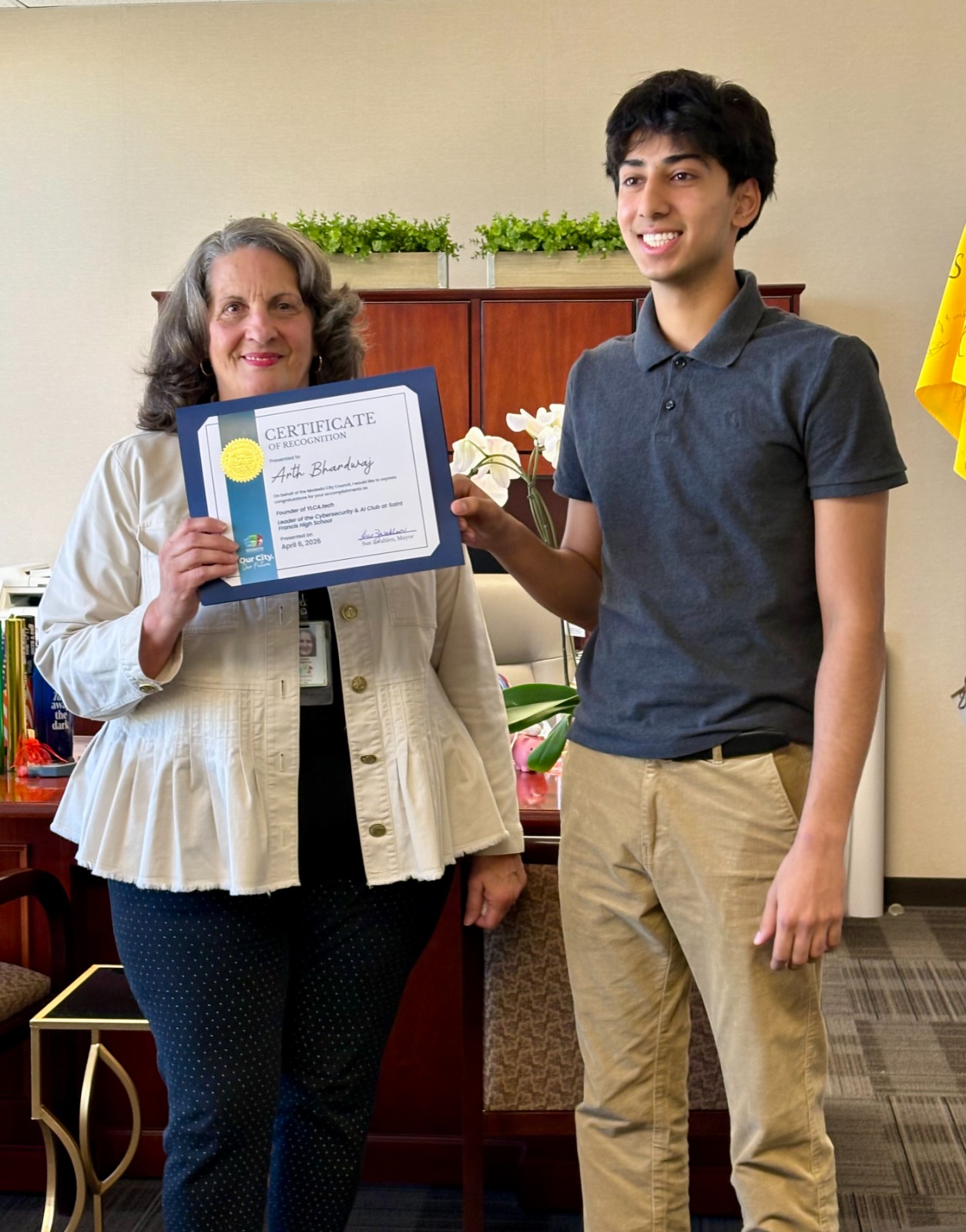 Arth Bhardwaj with Mayor Sue Zwahlen during civic recognition